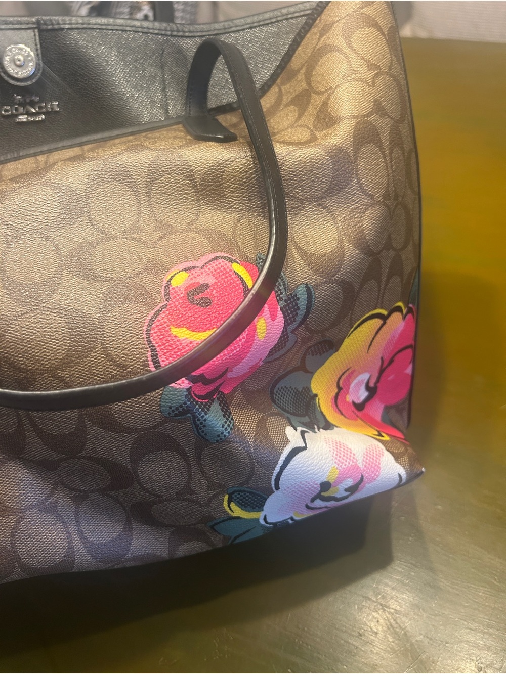 Coach Brown Signature Canvas Floral Tote with Pink & Yellow Blooms - Picture 9 of 9